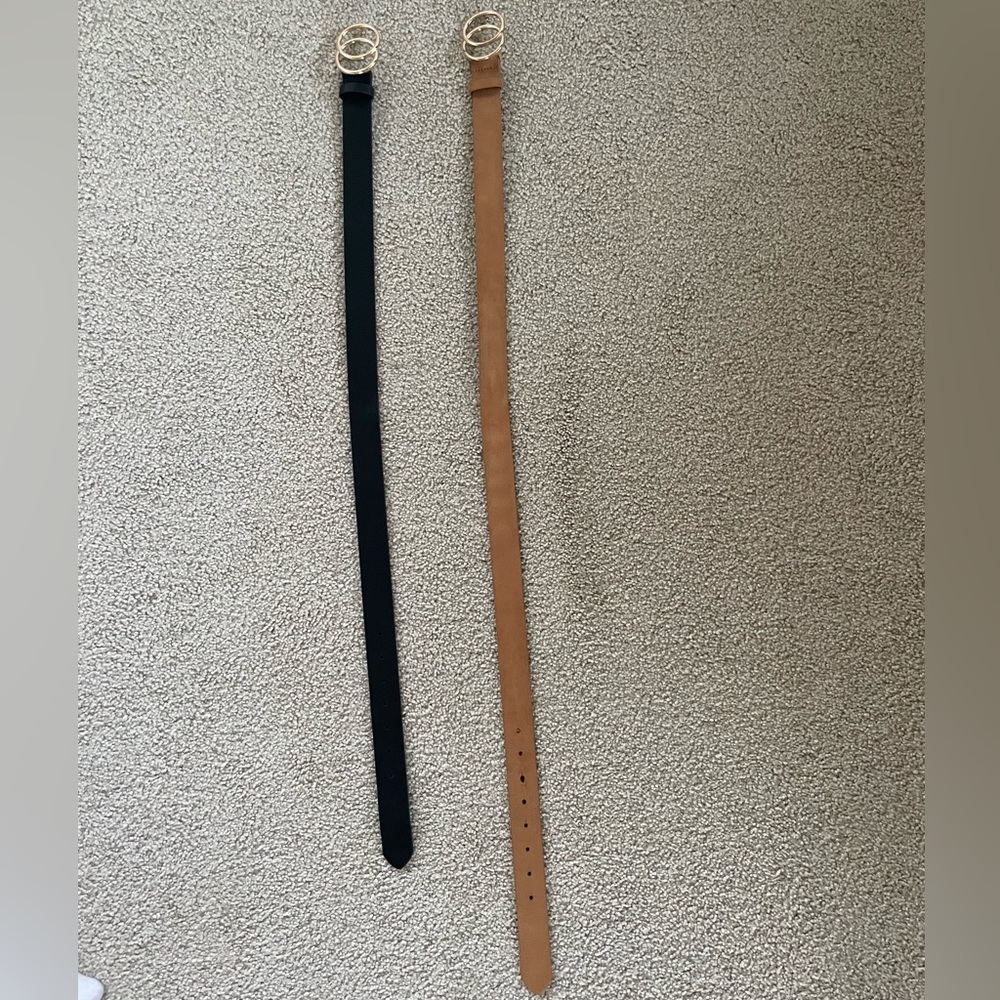 Set of 2 Gold Double Circle Buckle Belts Black + Cognac Brown Minimalist Boho